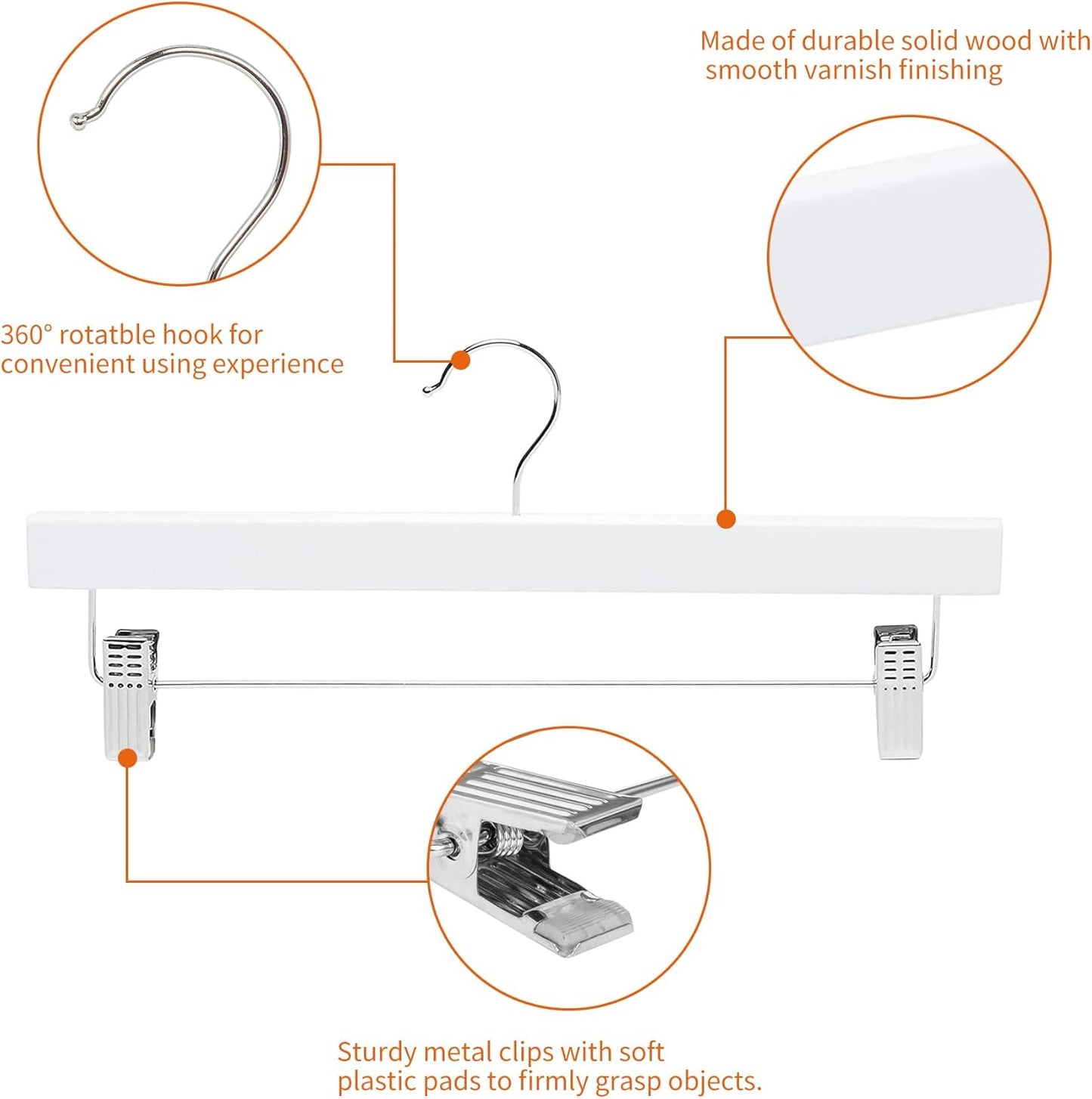 Durable Wooden Hangers with Clips - White, 10-Pack