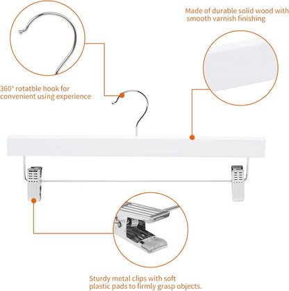 Durable Wooden Hangers with Clips - White, 10-Pack